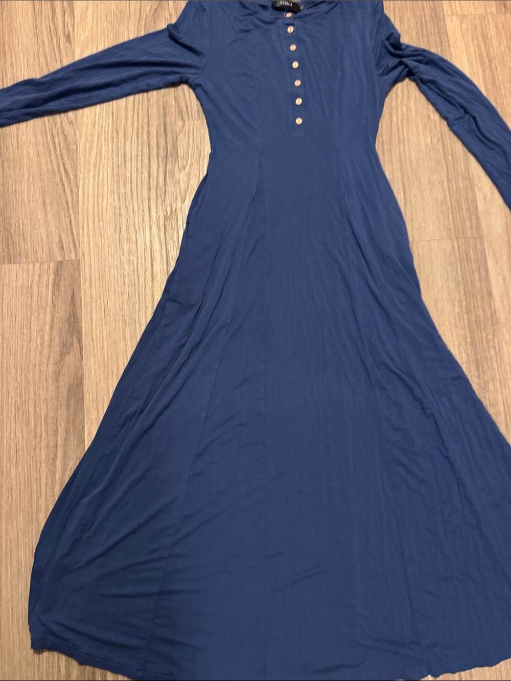 Women's Navy Long Sleeve Maxi Dress with Button Placket